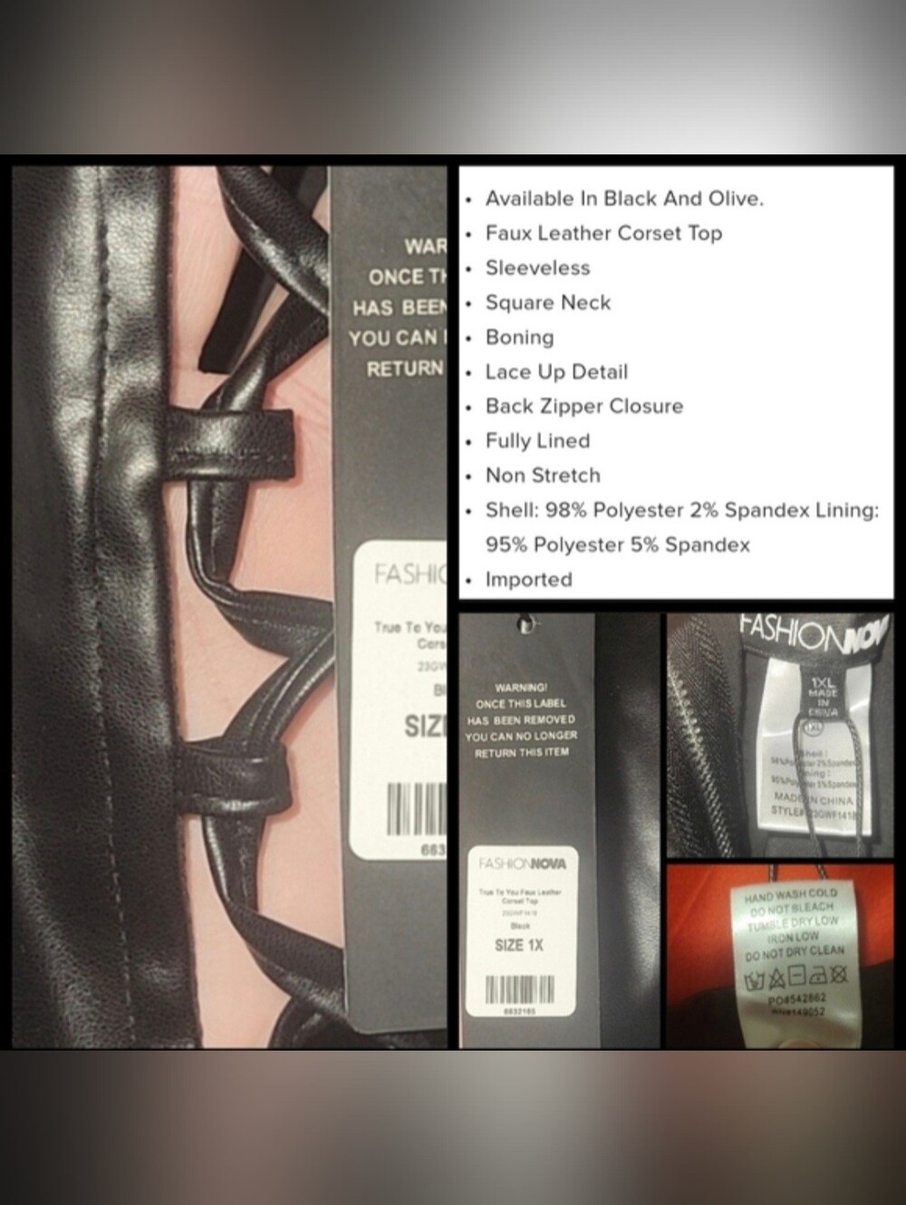 Fashion Nova true to you blk faux leather tie front sides crop top corset 1X NWT - Picture 6 of 17